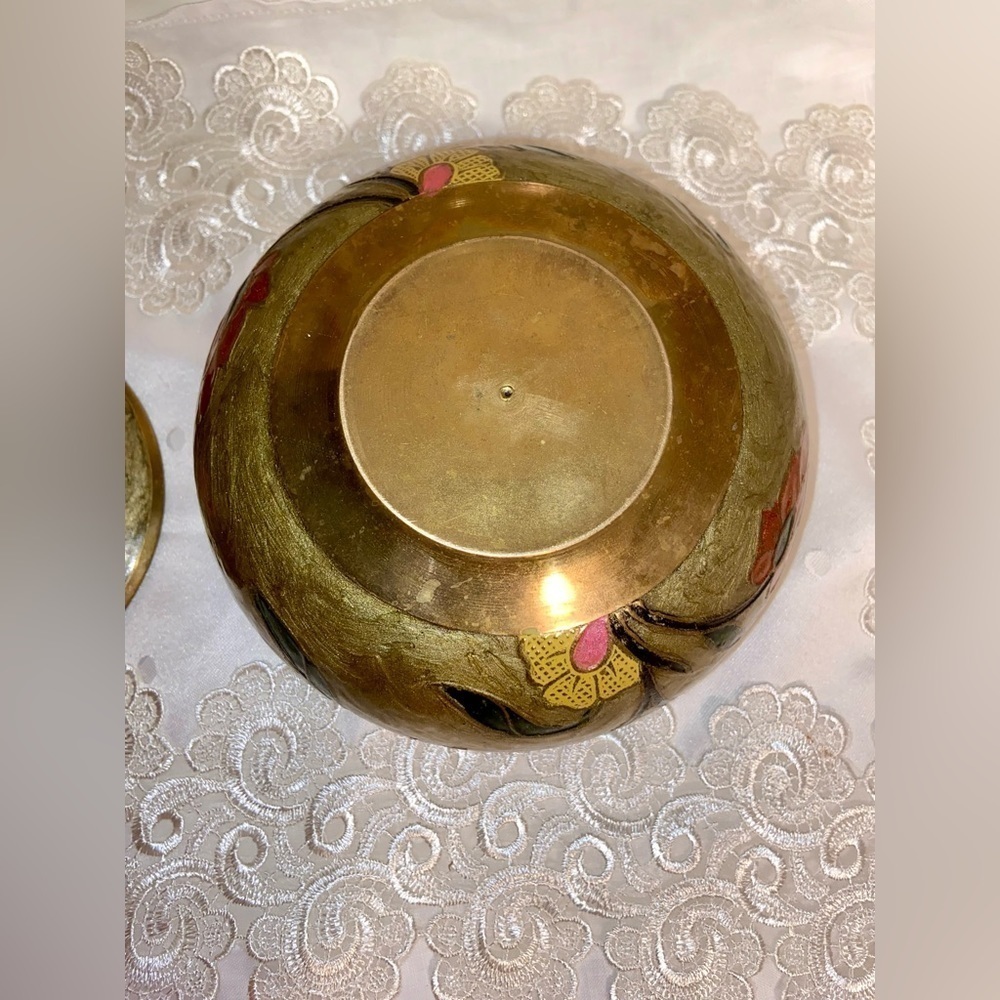 Vintage Brass enameled hand painted floral golden Bowl with lid - Picture 10 of 15